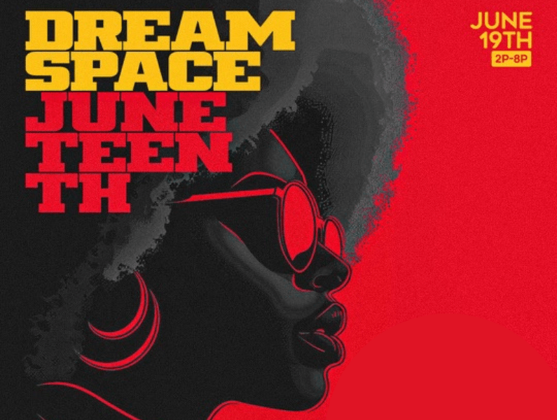 Juneteenth Dream Space Flier with Black woman with afro against a vibrant red background, with the words Dream Space Juneteenth