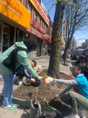 _ANYC Neighb. Beautif._Volunteers outside Golden Krust by Ashley, 4-20-24