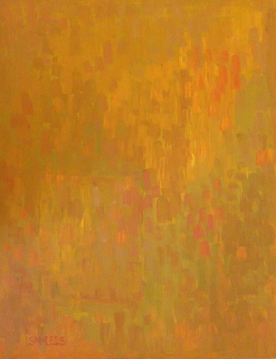 Renee Samuels – Homage to Something orange-yellow-green, oil on Masonite, 18×14 inches, 2014