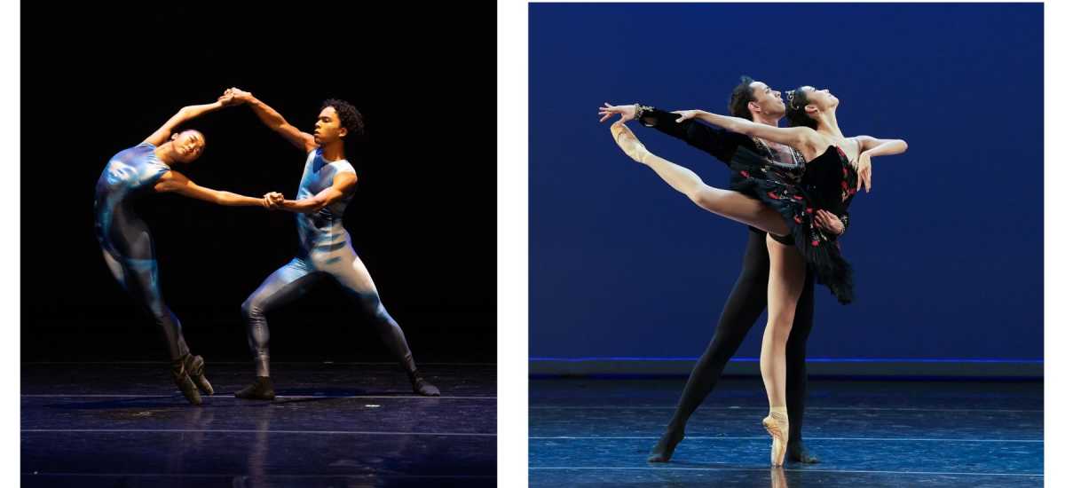 L: Kayla Mak and Elijah Geolina in Houston Thomas’s U Don’t Know Me. Photo: Rosalie O’Connor. R: YeonSeo Choi and Kayke Carvalho in the Black Swan pas de deux from Kevin McKenzie’s Swan Lake. Photo: Emma Zordan.