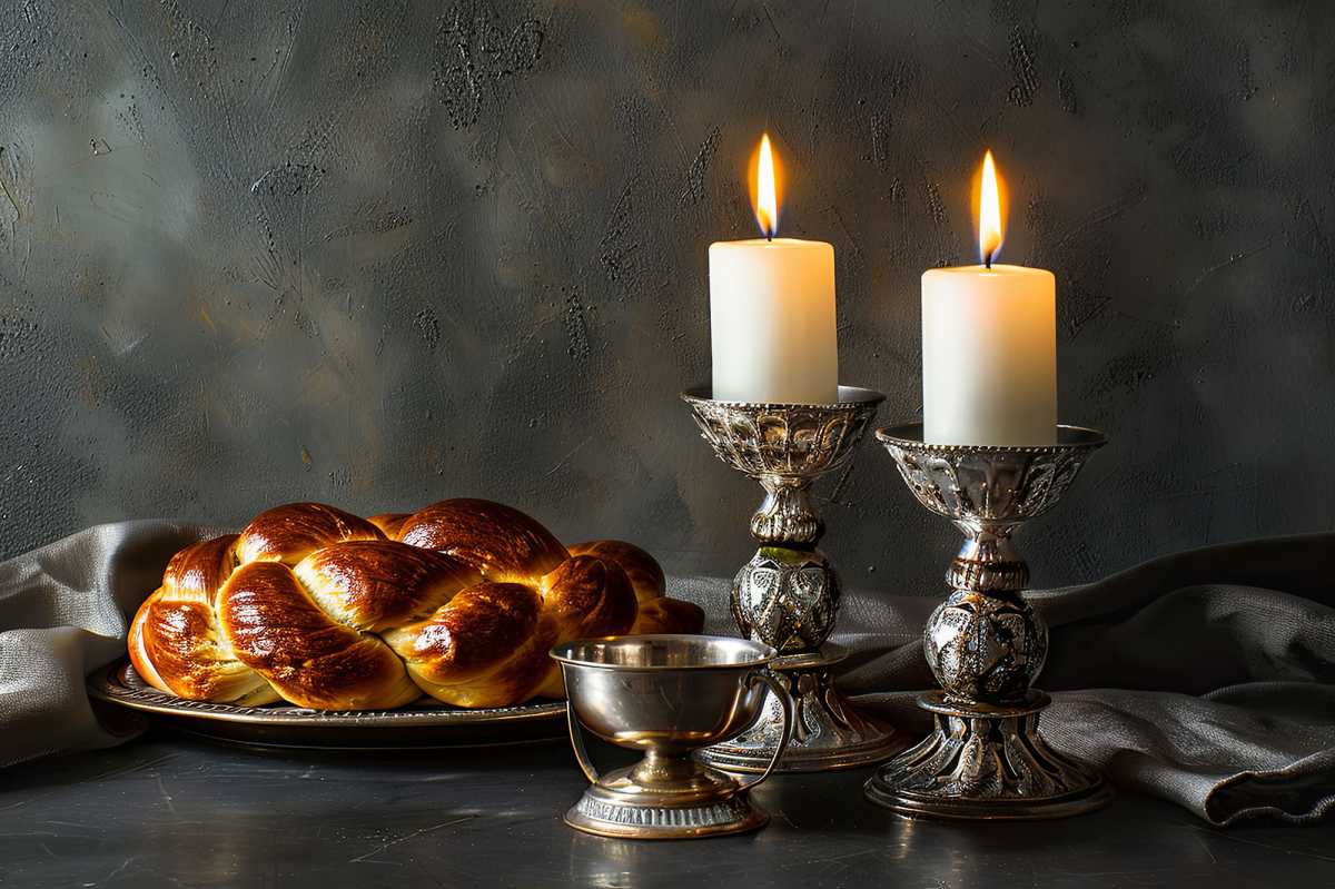 Shabbat Shalom. Challah bread, candlesticks, and kiddush cup on a table. Celebrating the Jewish Sabbath.