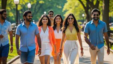 Indians in New York City, ages 20 to 40, walking near the Central Park and enjoying the summer day.